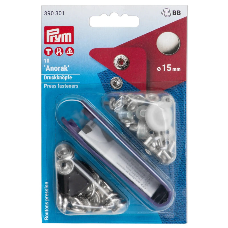 Chargez l'image dans la visionneuse de la galerie, 390301|Prym ANORAK 15 mm silver with tools 10pc