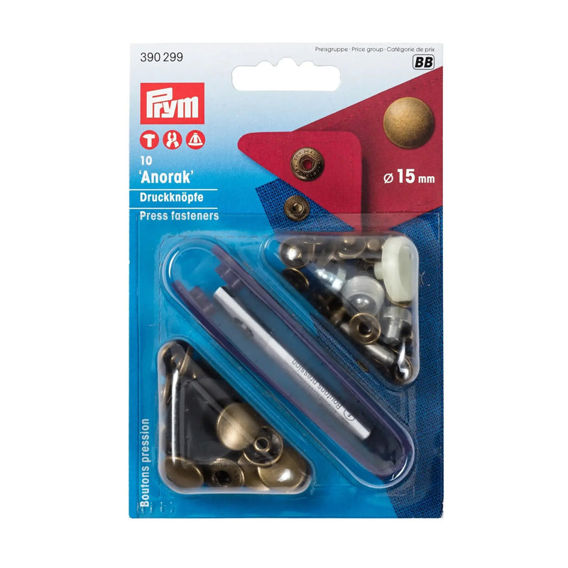 Chargez l'image dans la visionneuse de la galerie, 390299|Prym ANORAK 15 mm antique brass with tools 10pc