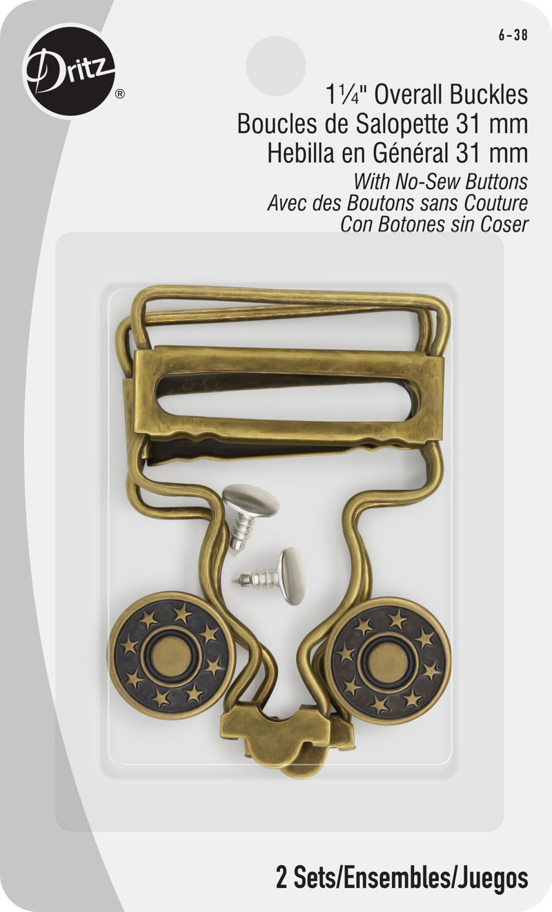 Chargez l'image dans la visionneuse de la galerie, 6-38|Dritz 1-1/4" Overall Buckles with No-Sew Buttons, Antique Brass, 2 pc
