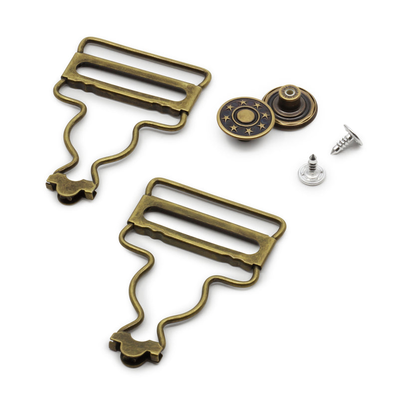Chargez l'image dans la visionneuse de la galerie, 6-38|Dritz 1-1/4" Overall Buckles with No-Sew Buttons, Antique Brass, 2 pc