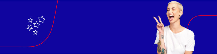 Woman making a peace sign with a blue background featuring a logo