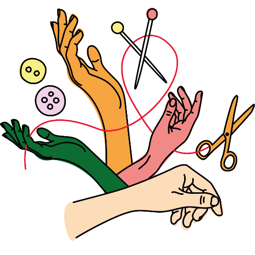 Illustration of hands with sewing tools and materials on a white background