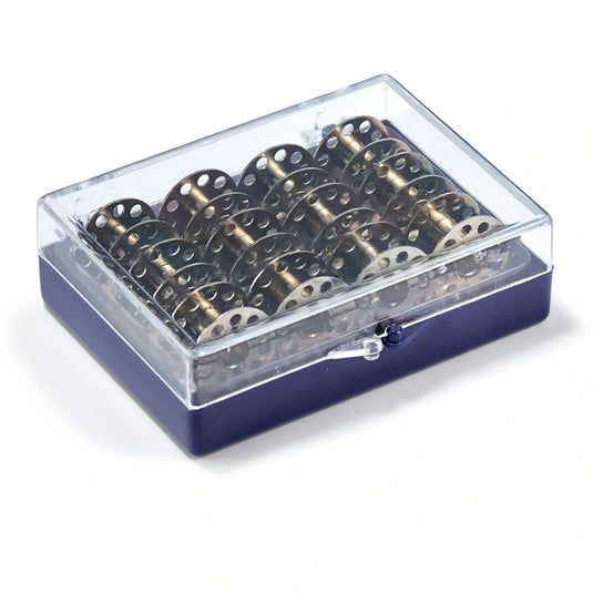 611985| Bobbin box + 12 CB metal sew m/c bobbins 3 x 7 x 9 cm