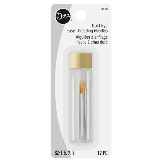 3068|Dritz Gold-Eye Easy Threading Needles, Sizes 5/7/9, 12 pc