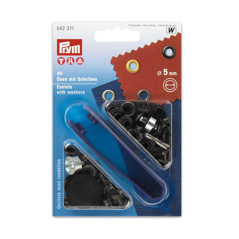 Cargue la imagen en el visor de la galería, 542371|Prym Eyelets with washers 5 mm black ozidized with tools 40pc