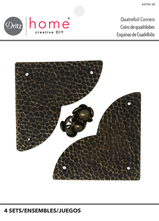 44799-38|Dritz Textured Quatrefoil Corners, Large, Antique Brass, 4pc