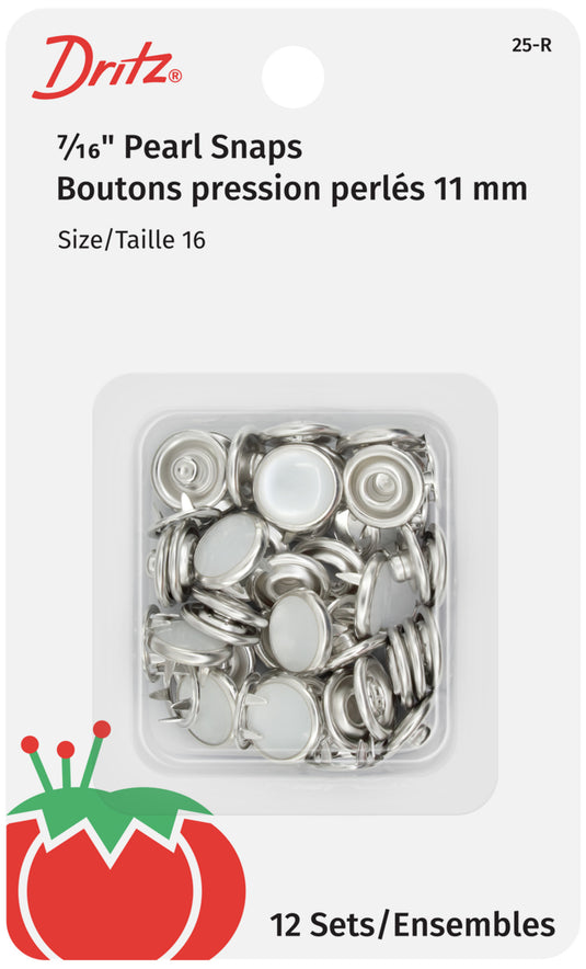 25-R|Dritz 7/16" Pearl Snap Fasteners, 12 Sets, White