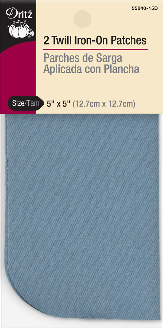 55240-15D|Dritz Twill Iron-On Patches, 5" x 5", 2 pc, Light Blue