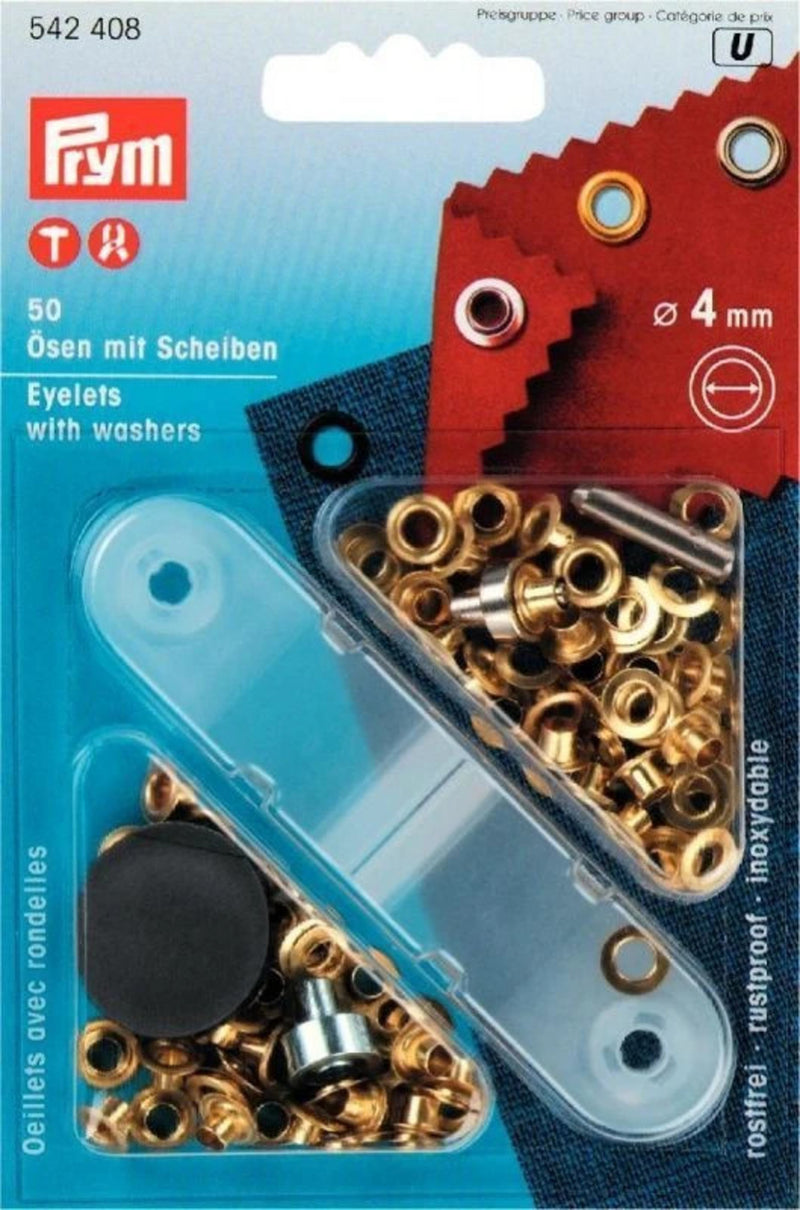 Cargue la imagen en el visor de la galería, 542408|Prym Eyelets with washers 4mm gold with tools 50pc