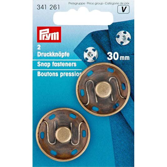 341261|Prym 30mm Sew-On Snaps, 2 Sets, Antique Brass