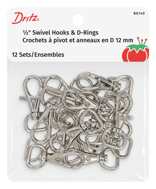 BK149|Dritz 1/2" Swivel Hooks & D-Rings, Nickel, 12 Sets