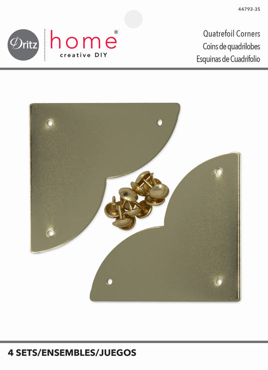 44793-35|Dritz Smooth Quatrefoil Corners, Large, Brass, 4 pc