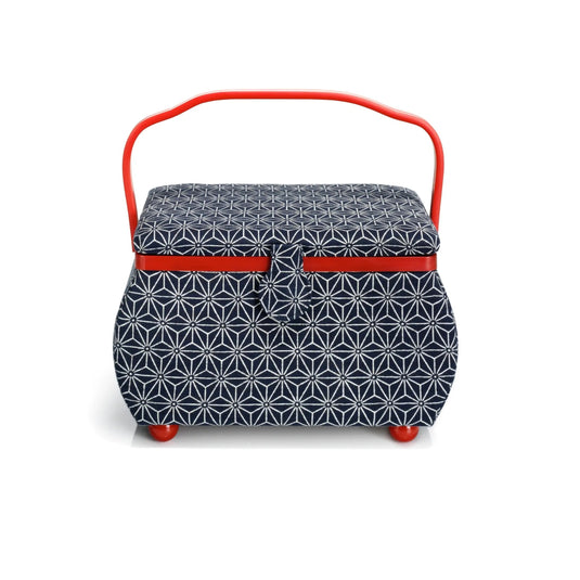 612031|Prym Curved Sewing Basket, Large, Navy & Red Geometric