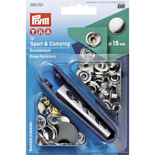 390201|Prym SPORT 15 mm silver with tools 10pc