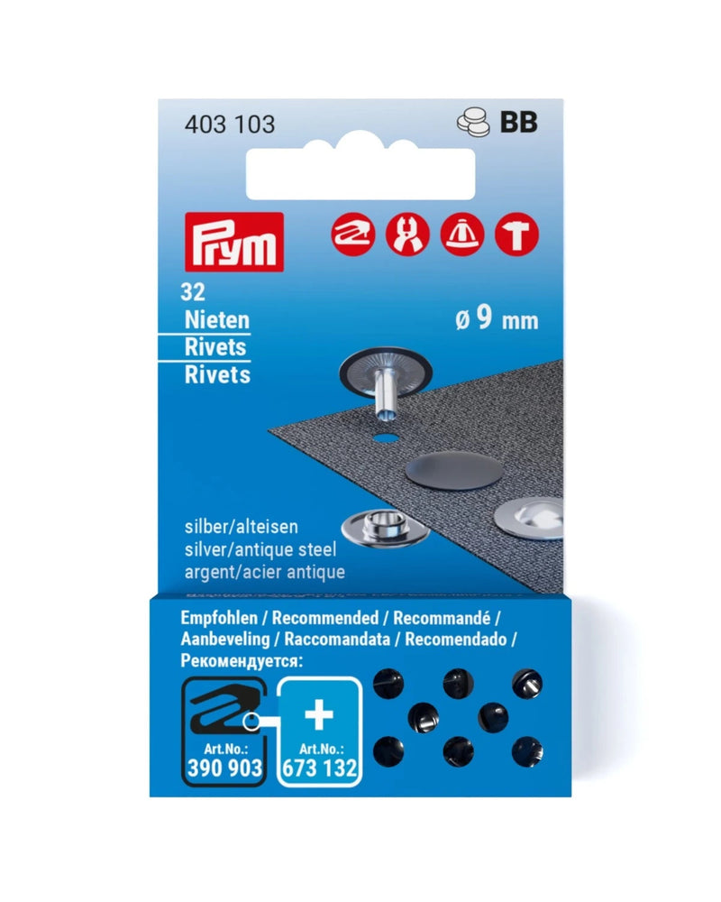 Cargue la imagen en el visor de la galería, 403103|Prym RIVETS 9 mm refill silver/antique steel 32pc