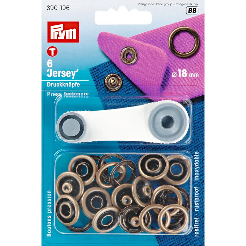 Cargue la imagen en el visor de la galería, 390196|Prym JERSEY 18 mm antique brass with tools 6pc