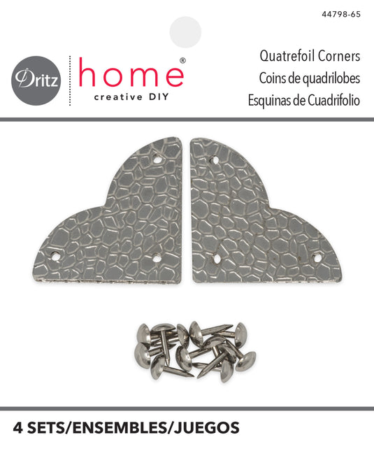 44798-65|Dritz Textured Quatrefoil Corners, Small, Nickel, 4pc