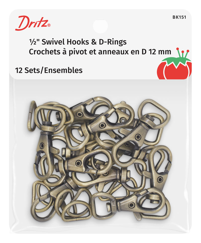 Chargez l'image dans la visionneuse de la galerie, BK151|Dritz 1/2" Swivel Hooks &amp; D-Rings, Antique Brass, 12 Sets
