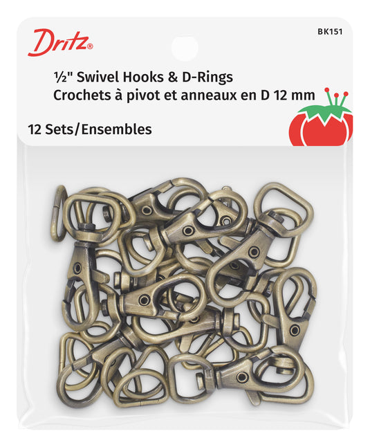 BK151|Dritz 1/2" Swivel Hooks & D-Rings, Antique Brass, 12 Sets