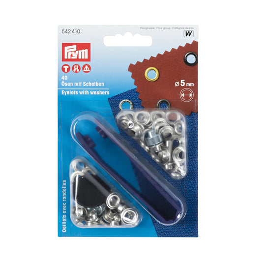 542410|Prym Eyelets with washers 5 mm with Tools, Silver, 40pc