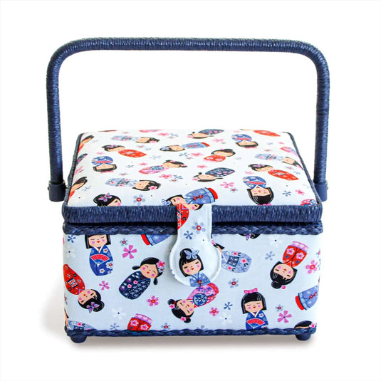 612085|Prym Square Sewing Basket, Medium, Kokeshi Dolls