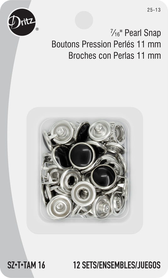 25-13|Dritz 7/16" Pearl Snap Fasteners, 12 Sets, Black