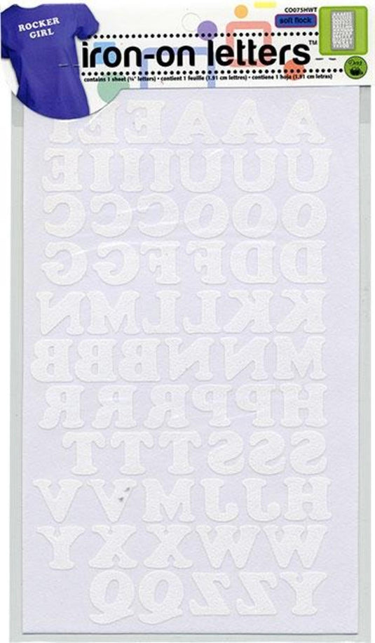 CO075HWT|Dritz Soft Flock Iron-On Letters, 1 Sheet, White