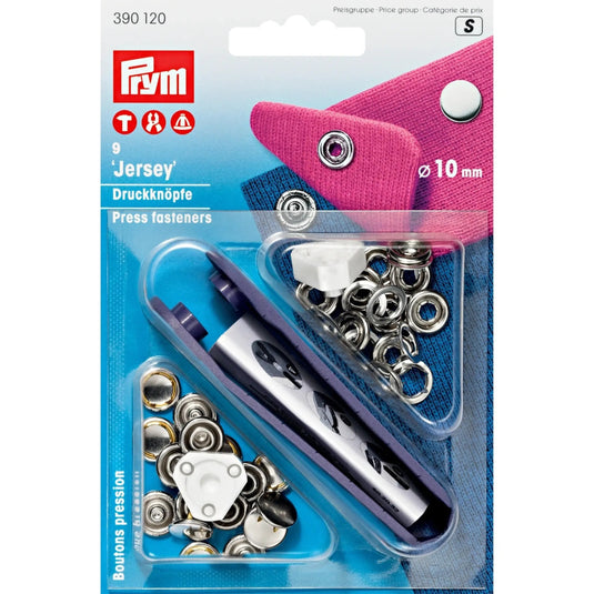 390120|Prym JERSEY 10 mm silver cap with tools 9pc