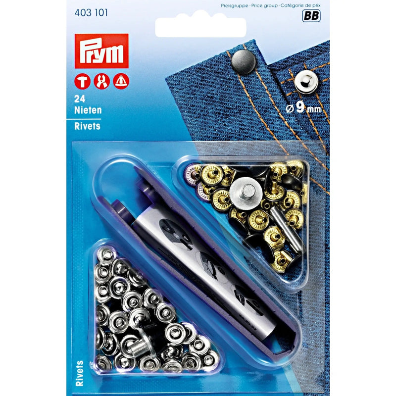 Cargue la imagen en el visor de la galería, 403101|Prym RIVETS 9 mm silver/antique steel with tools  24pc