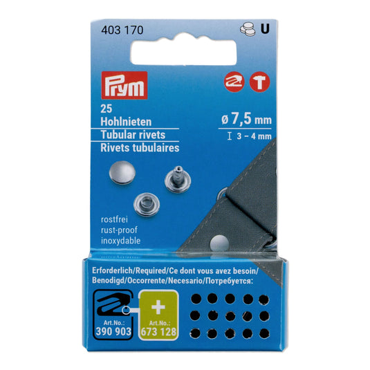 403170|Prym RIVETS Tubular 7.5 mm /3-4 mm refill silver 25pc