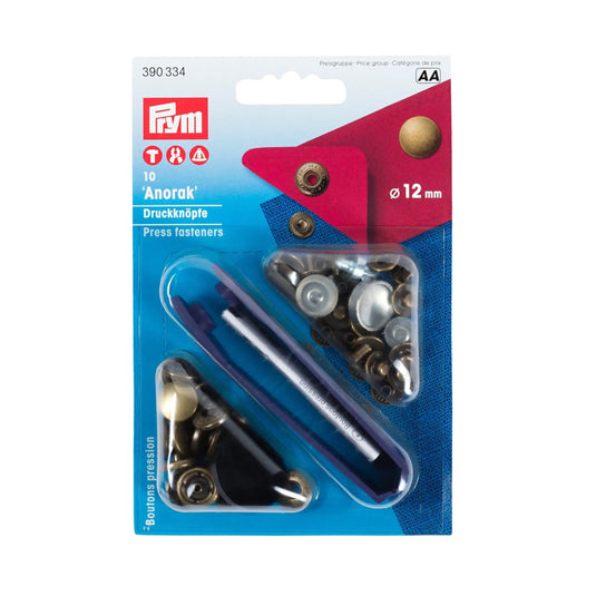 390334|Prym ANORAK 12 mm antique brass with tools 10pc