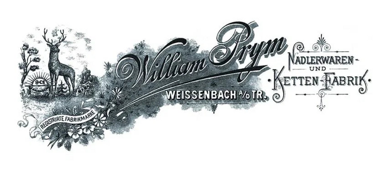 Vintage-style William Prym logo with deer illustration and text on a white background