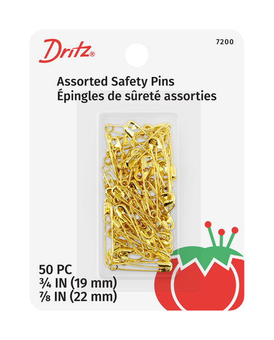 7200|Dritz Safety Pins, Assorted Sizes, Gilt, 50 pc