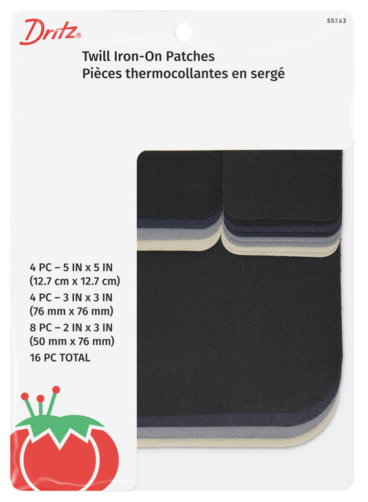 55283|Dritz Twill Iron-On Patches, Assorted, 16 pc