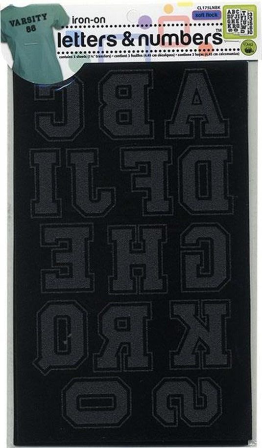 CL175LNBK|Dritz Soft Flock Collegiate Iron-On Letters, Black