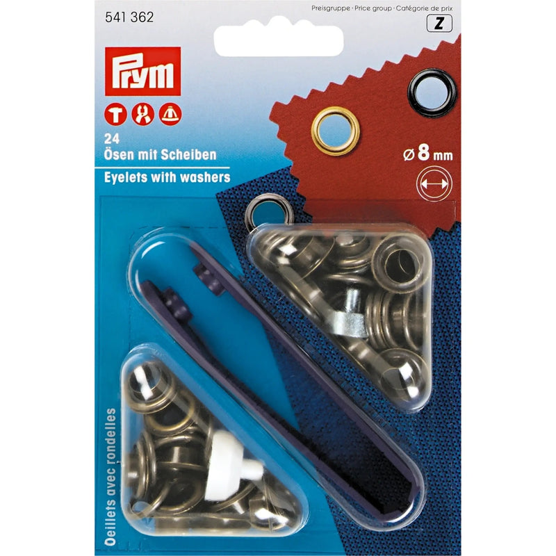 Cargue la imagen en el visor de la galería, 541362|Prym Eyelets with washers 8 mm antique brass with tools 24pc
