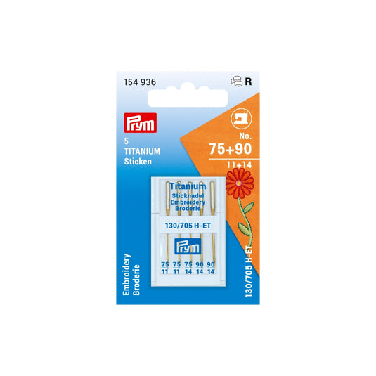 154936|Prym Embroidery Sewing Machine Needles, Sizes 11+14 (No. 75+90), 5 pc