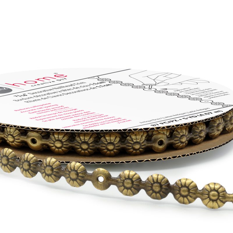Load image into Gallery viewer, 44263|Dritz 7/16" Decorative Daisy Nailhead Trim, Antique Brass, 5 yd