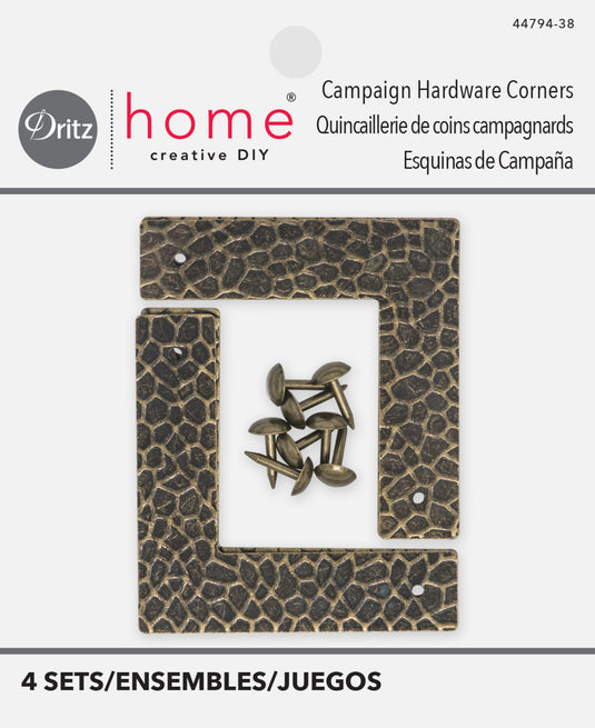 44794-38|Dritz Textured Campaign Corners, Small, Antique Brass, 4 pc