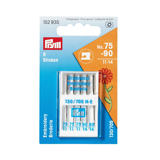 152935|Prym Embroidery Sewing Machine Needles, Sizes 11-14 (No. 75-90), 5 pc