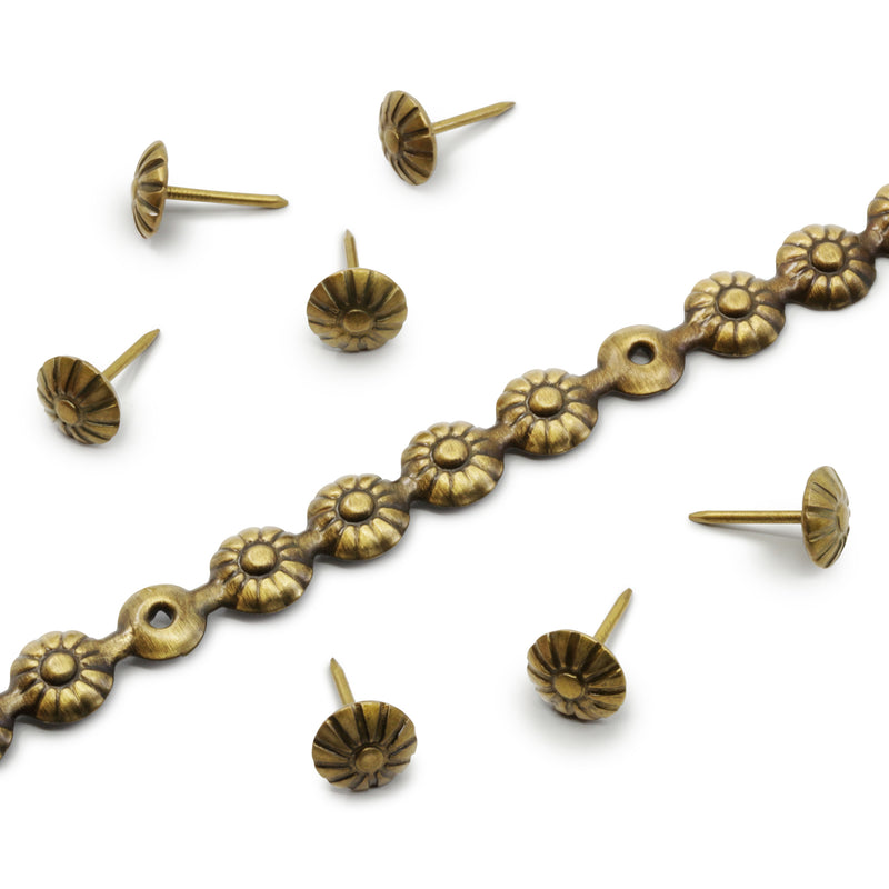 Load image into Gallery viewer, 44263|Dritz 7/16" Decorative Daisy Nailhead Trim, Antique Brass, 5 yd