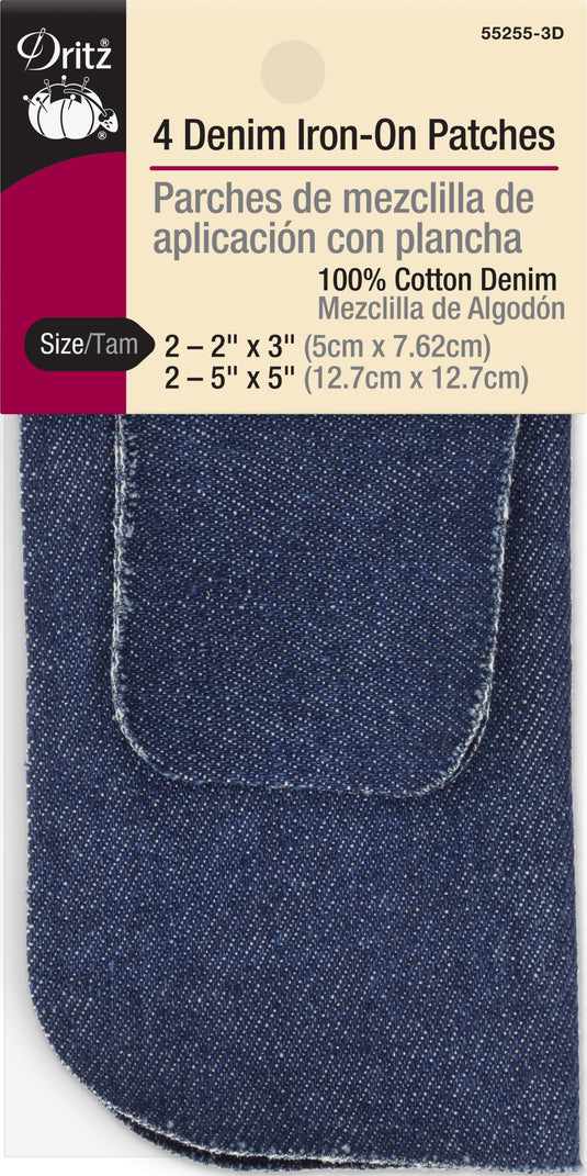 55255-3D|Dritz Denim Iron-On Patches, Assorted Sizes, Dark Blue, 4 pc