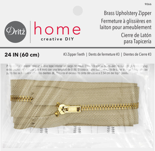 9066|Dritz Brass Upholstery Zipper, Beige, 24