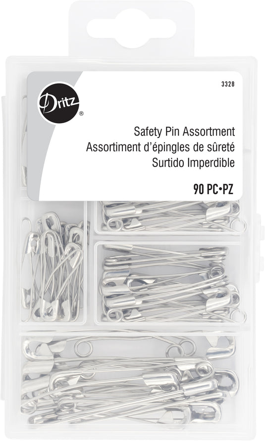 3328|Dritz Assorted Curved Safety Pins & Storage Box, 90 pc