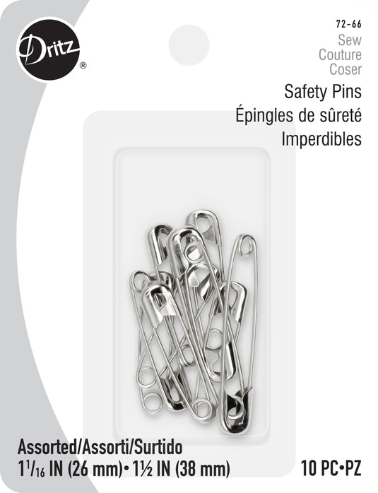 72-66|Dritz Safety Pins, Assorted Sizes, Nickel, 10 pc