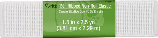 9503W|Dritz 1-1/2" Ribbed Non-Roll Elastic, White, 2-1/2 yd