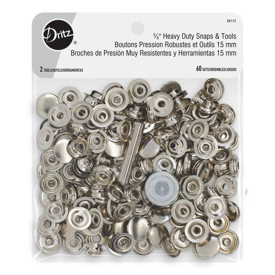 BK112|Dritz 5∕8" Heavy Duty Snaps & Tools, 60 Sets, Nickel