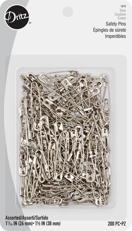 1472|Dritz Safety Pins, Assorted Sizes, Nickel, 200 pc