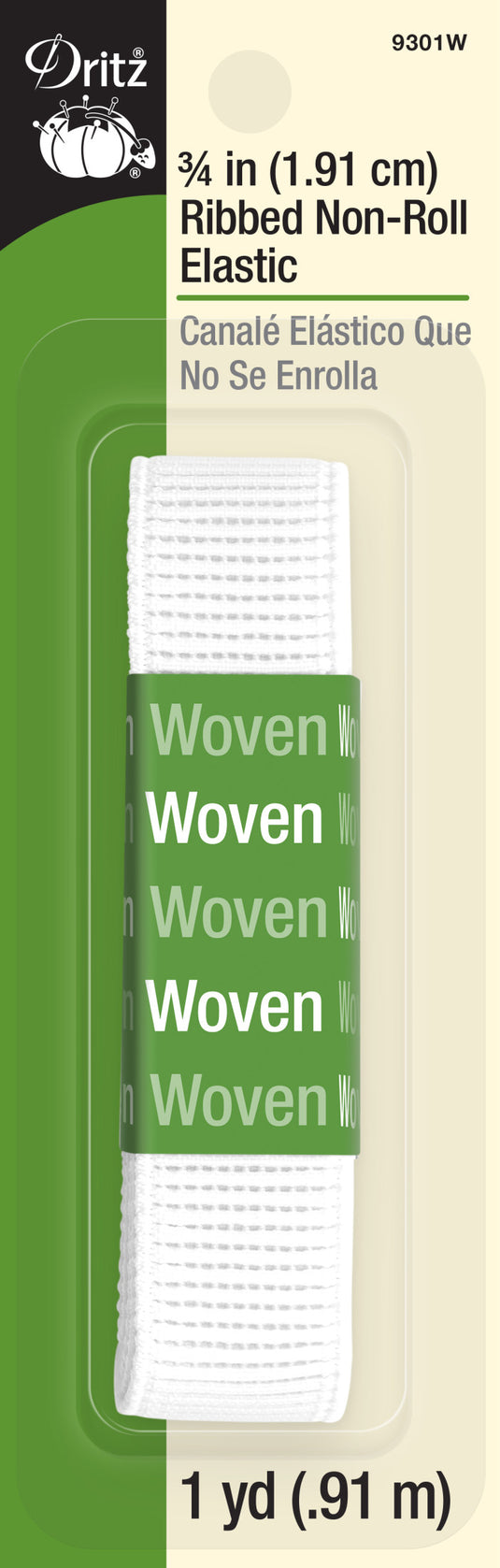 9301W|Dritz 3/4" Ribbed Non-Roll Elastic, White, 1 yd