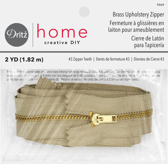 9069|Dritz Brass Upholstery Zipper, Beige, 2 yd